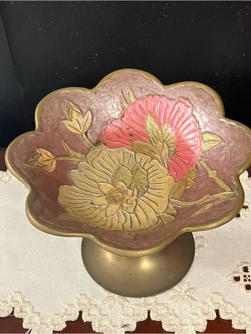 Vintage Penco Industries Floral Enamel Cloisonne Brass Pedestal Bowl
